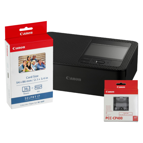 Impresora Canon SELPHY CP1500 Negra con papel COLOR KC-36IP (3) y PCC-CP400 POSTCARD SIZE PAPER
