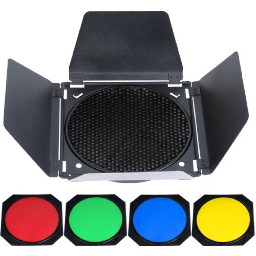 Deflector de Luz Godox Tipo Barndoor BD-04 para Flash, Incluye Filtro Panal y 4  Filtros de C