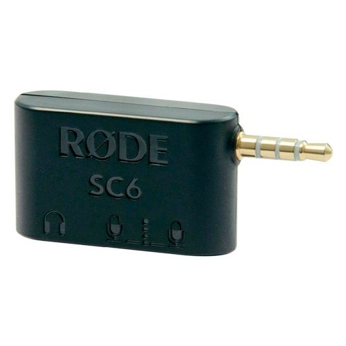 Adaptador RODE SC6 entrada TRRS dual y salida de auriculares para teléfonos inteligentes.