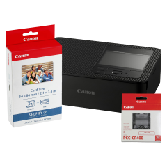 Impresora Canon SELPHY CP1500 Negra con papel COLOR KC-36IP (3) y PCC-CP400 POSTCARD SIZE PAPER