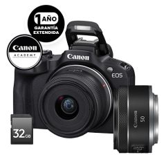 Cámara Canon EOS R50 RF 18-45mm + RF 50 F1.8 STM + SD32G + Online Academy Vlogger +Garantia Extendida