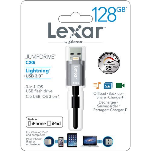 Memoria Jumpdrive Lexar 128GB C201 y Cable Lightning a USB 3.0 Para Iphone  / Ipad - Fotomecánica