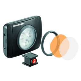 Closeup of a Manfrotto LED photography light mounted on a lighting