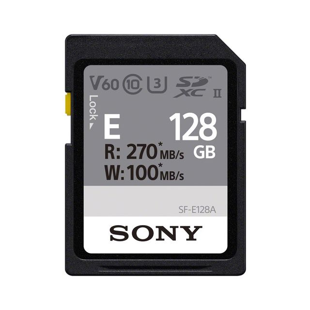 Tarjeta Sony SF-E128A Escritura 270MB/s, lectura 100MB/s V60 C10 128gb SDXC UHS-II