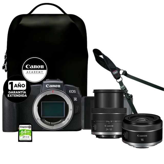 Cámara Canon EOS RP+ RF 50mm F1.8 STM+ RF-S 55-210mm IS STM+ 64GB SD Card Mochila + Online Cu