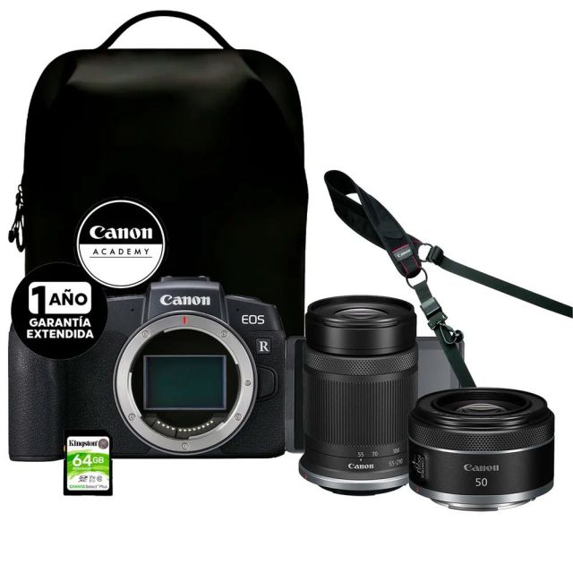 Cámara Canon EOS RP+ RF 50mm F1.8 STM+ RF-S 55-210mm IS STM+ 64GB SD Card Mochila + Online Cu